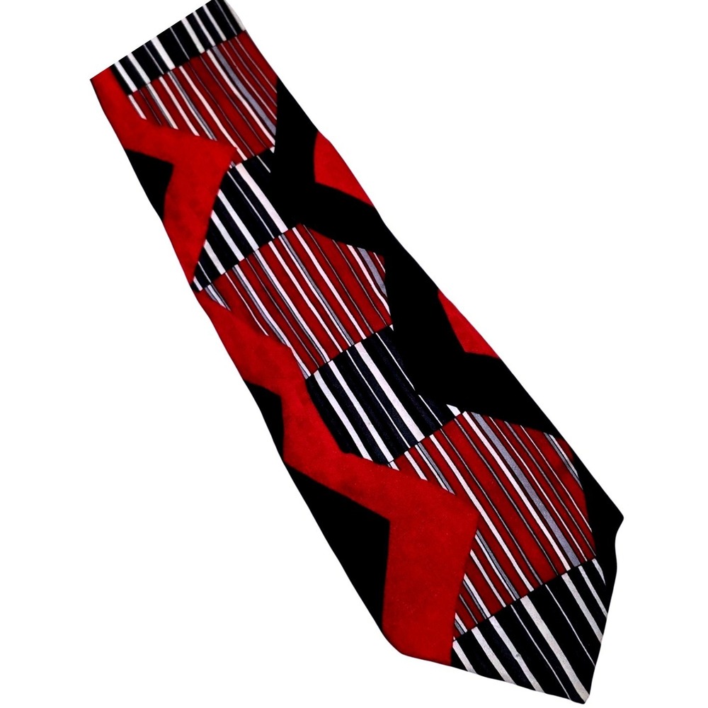 Pierre Balmain Couture Mens Silk Tie Red Black Geometric Stripe Patchwork France